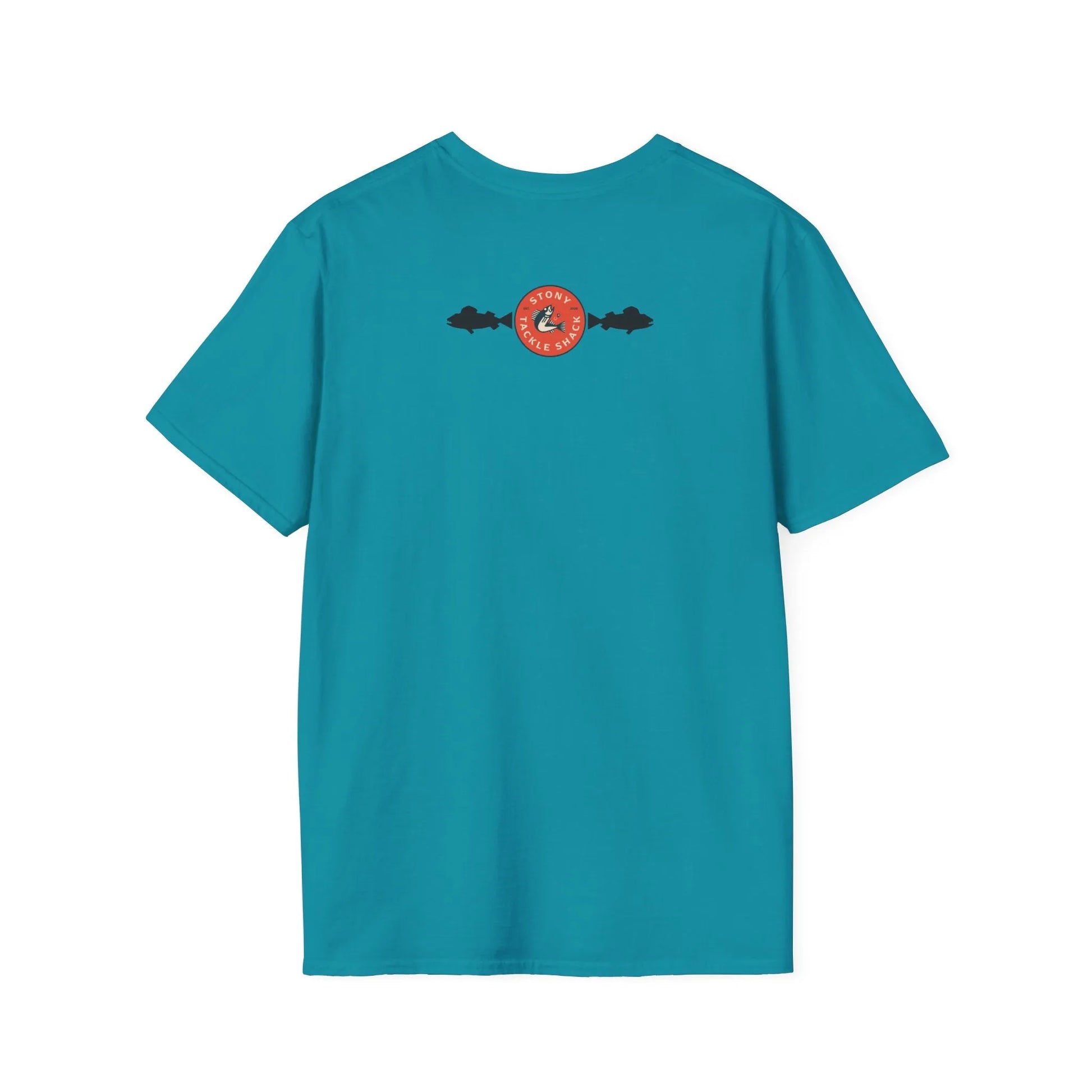 Teal t-shirt with a red logo on the back against a white background