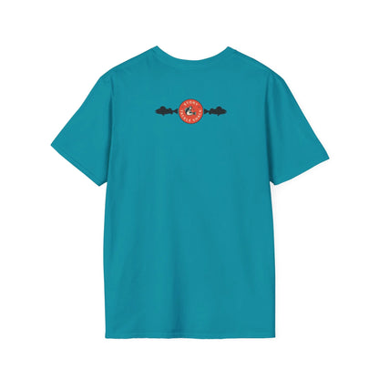 Teal t-shirt with a red logo on the back against a white background
