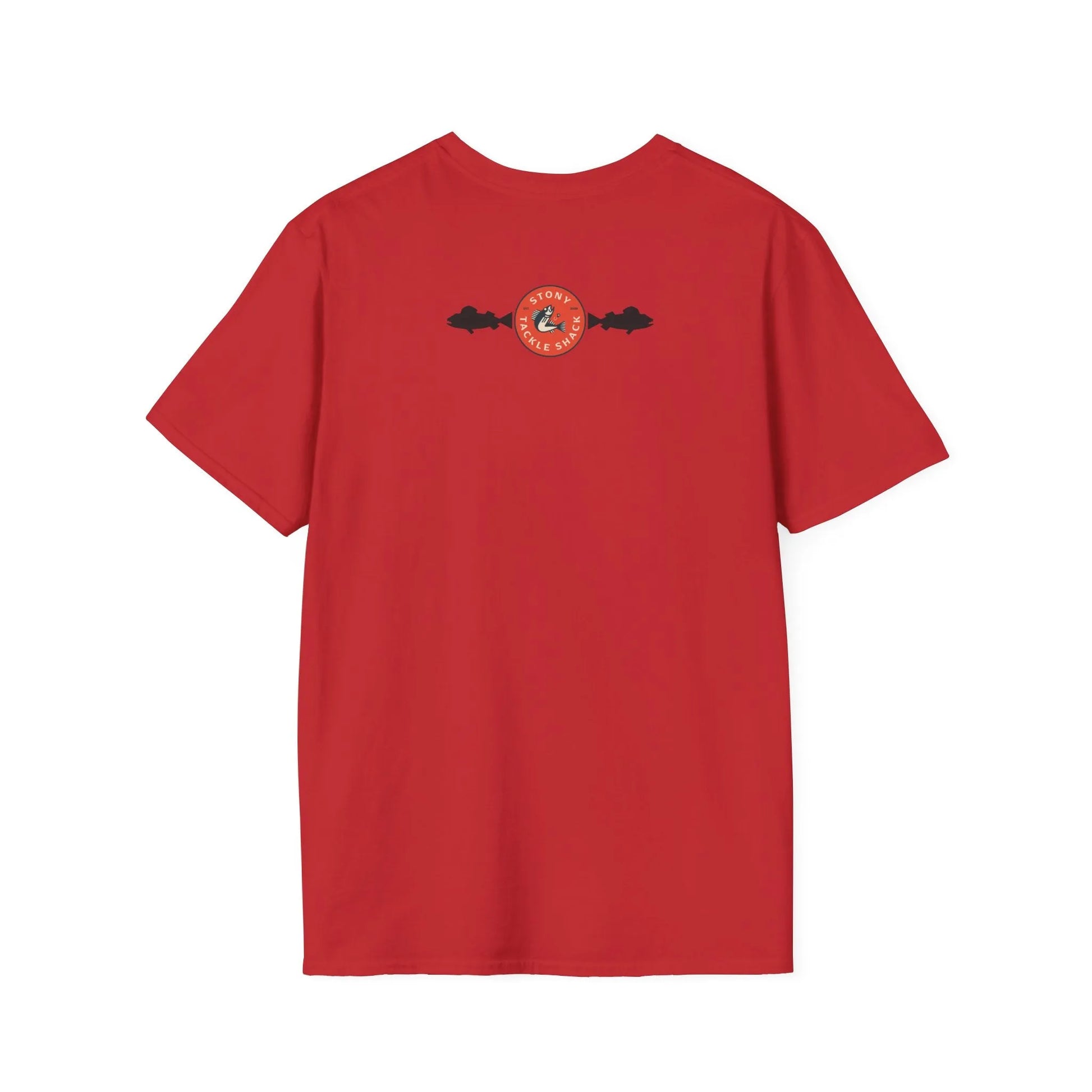 Red t-shirt with a red and black logo on the back against a white background