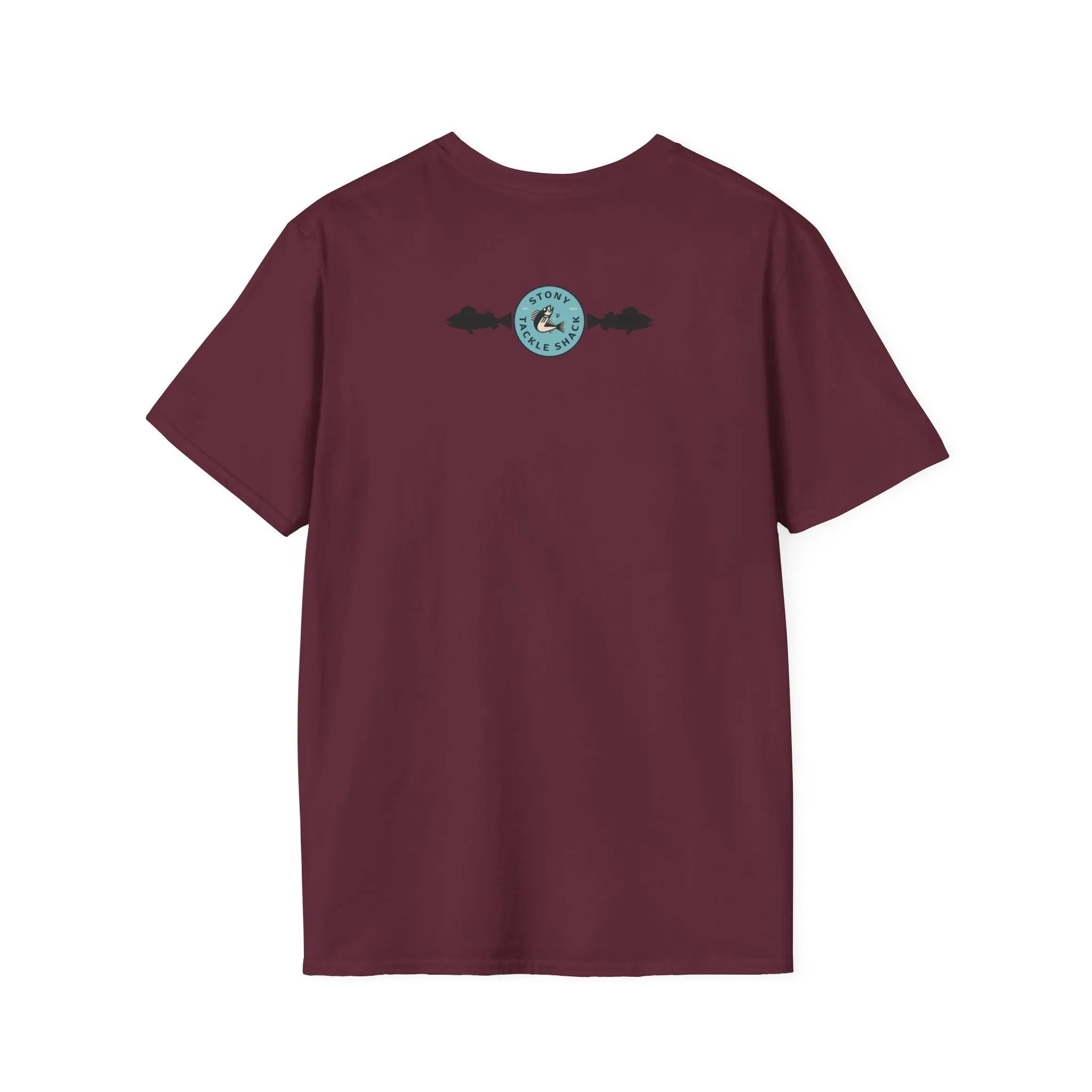 Maroon t-shirt with a logo on the back against a white background