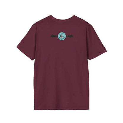 Maroon t-shirt with a logo on the back against a white background