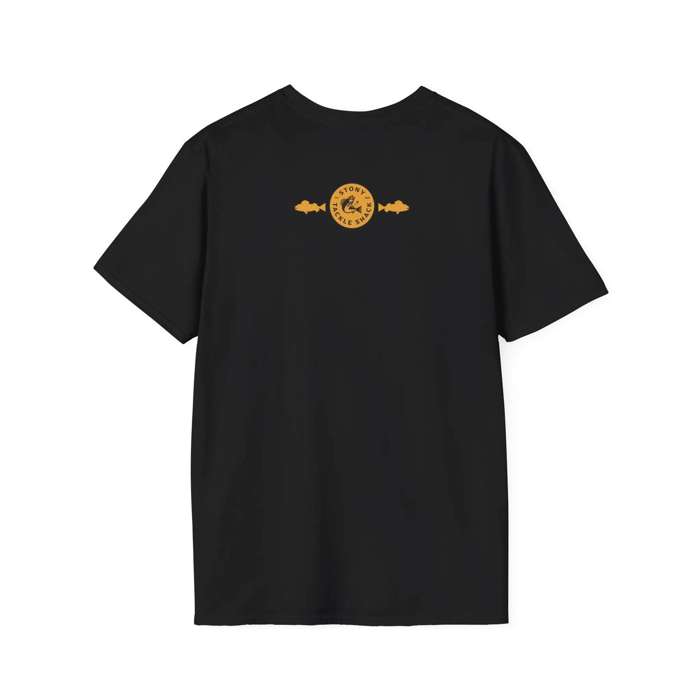 Black t-shirt with a yellow logo on the back against a white background