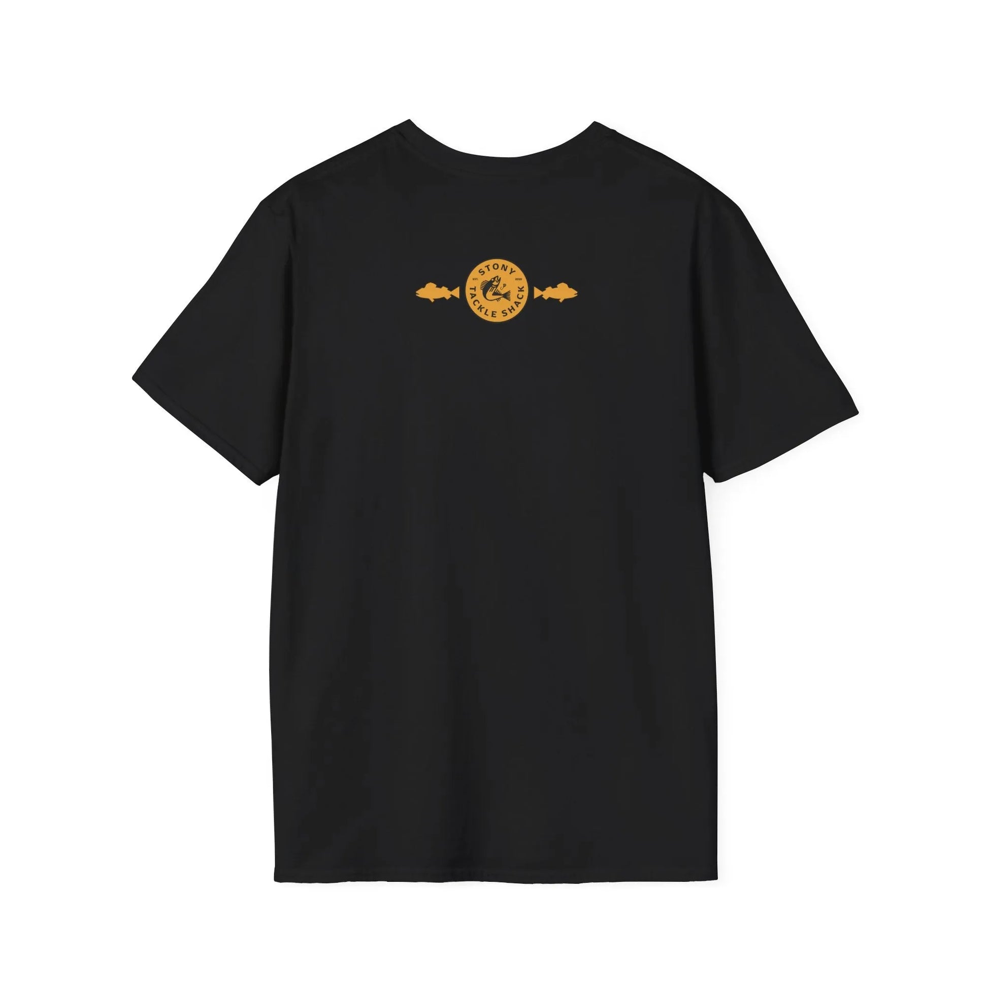 Black t-shirt with a yellow logo on the back against a white background