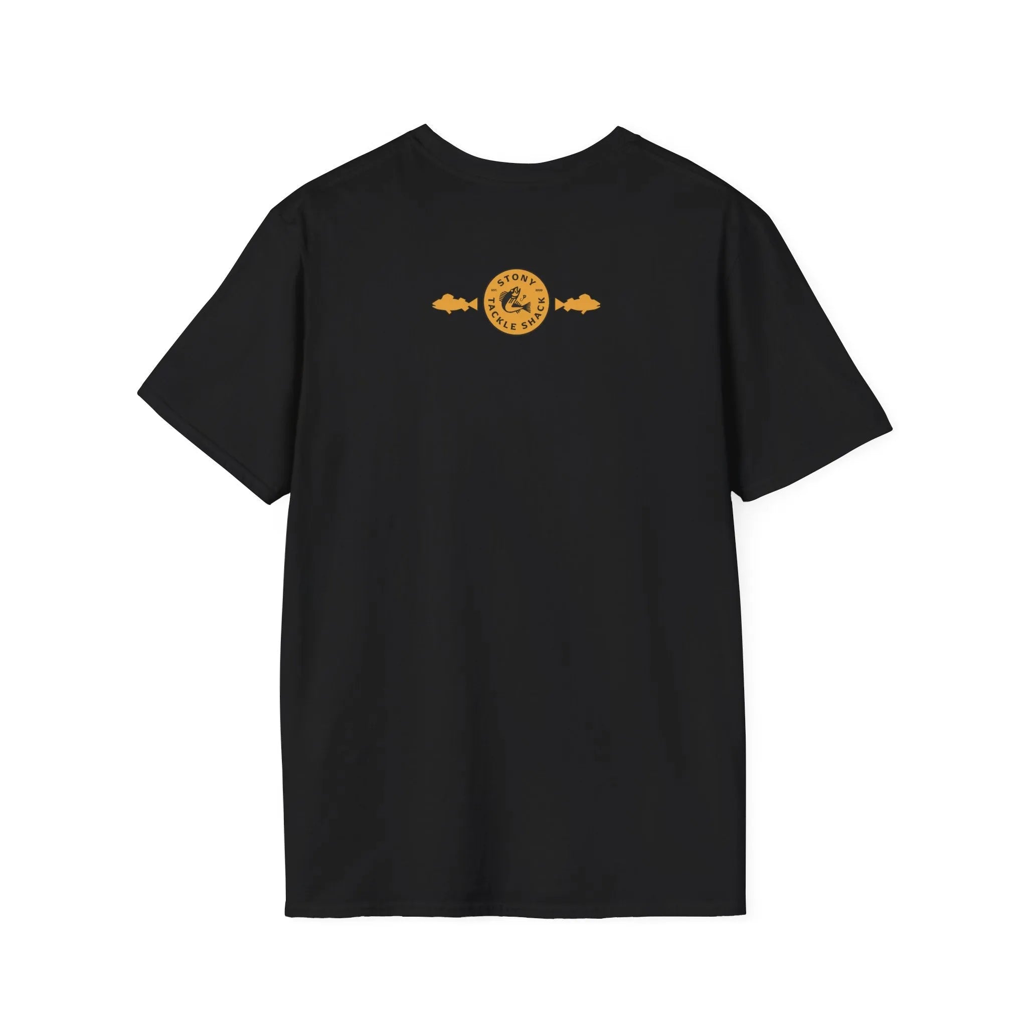 Black t-shirt with a yellow logo on the back against a white background