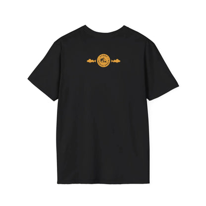 Black t-shirt with a yellow logo on the back against a white background