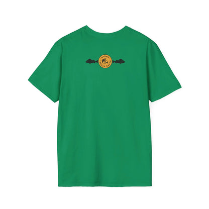 Green t shirt with yellow logo on back, on white background
