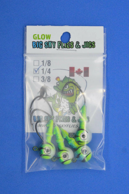 Big Sky Mean Machine 1/4oz Glow Jig Heads 4/pack Blue Sparkle Top. Lemon Mid. White Bottom