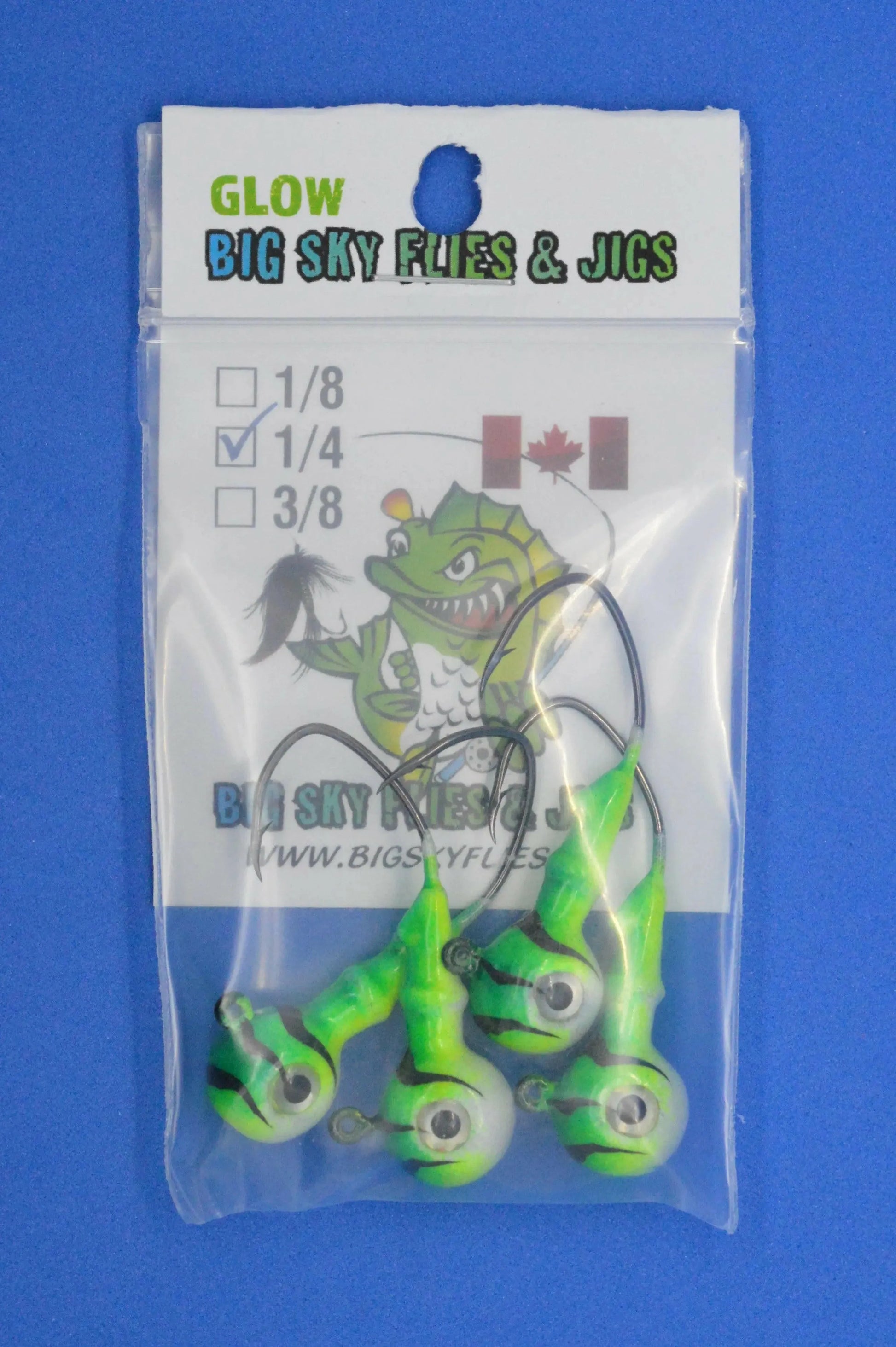 Big Sky Mean Machine 1/4oz Glow Jig Heads 4/pack Green Top. Lemon Mid. White Bottom.