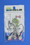 Big Sky Mean Machine 1/4oz Glow Jig Heads 4/pack Black Top. White Middle. Fire Red Mouth.