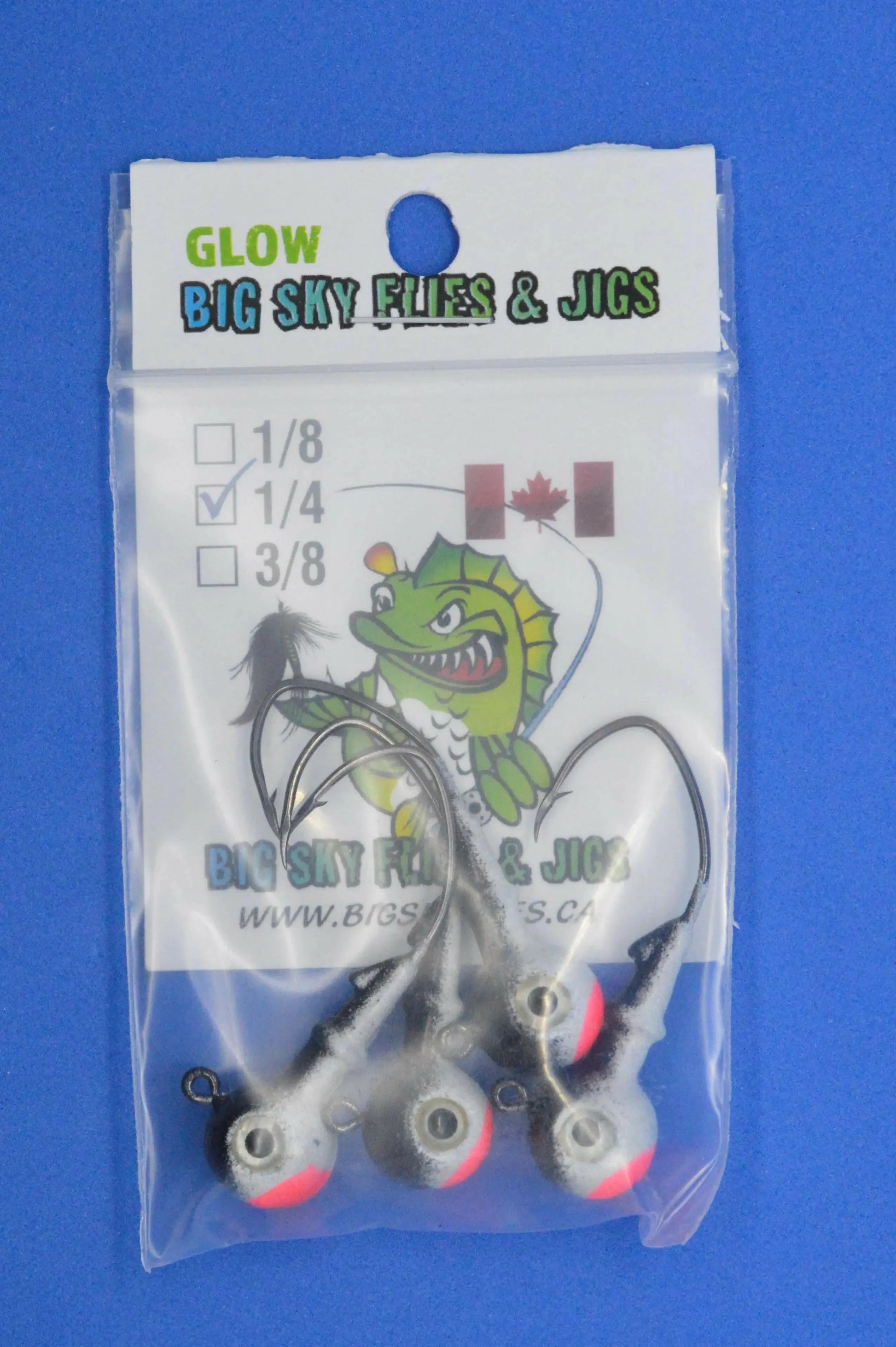 Big Sky Mean Machine 1/4oz Glow Jig Heads 4/pack Black Top. White Middle. Fire Red Mouth.