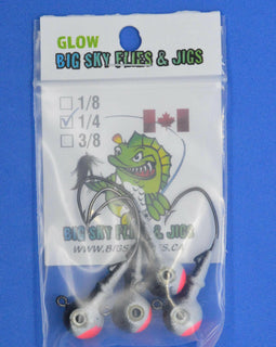 Big Sky Mean Machine 1/4oz Glow Jig Heads 4/pack Black Top. White Middle. Fire Red Mouth.