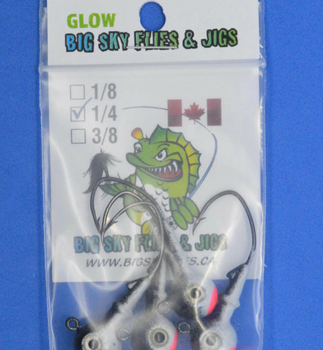 Big Sky Mean Machine 1/4oz Glow Jig Heads 4/pack Black Top. White Middle. Fire Red Mouth.