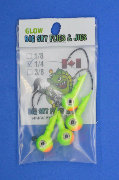 Big Sky Mean Machine 1/4oz Glow Jig Heads 4/pack Lime Top. Lemon Bottom. Orange Mouth.
