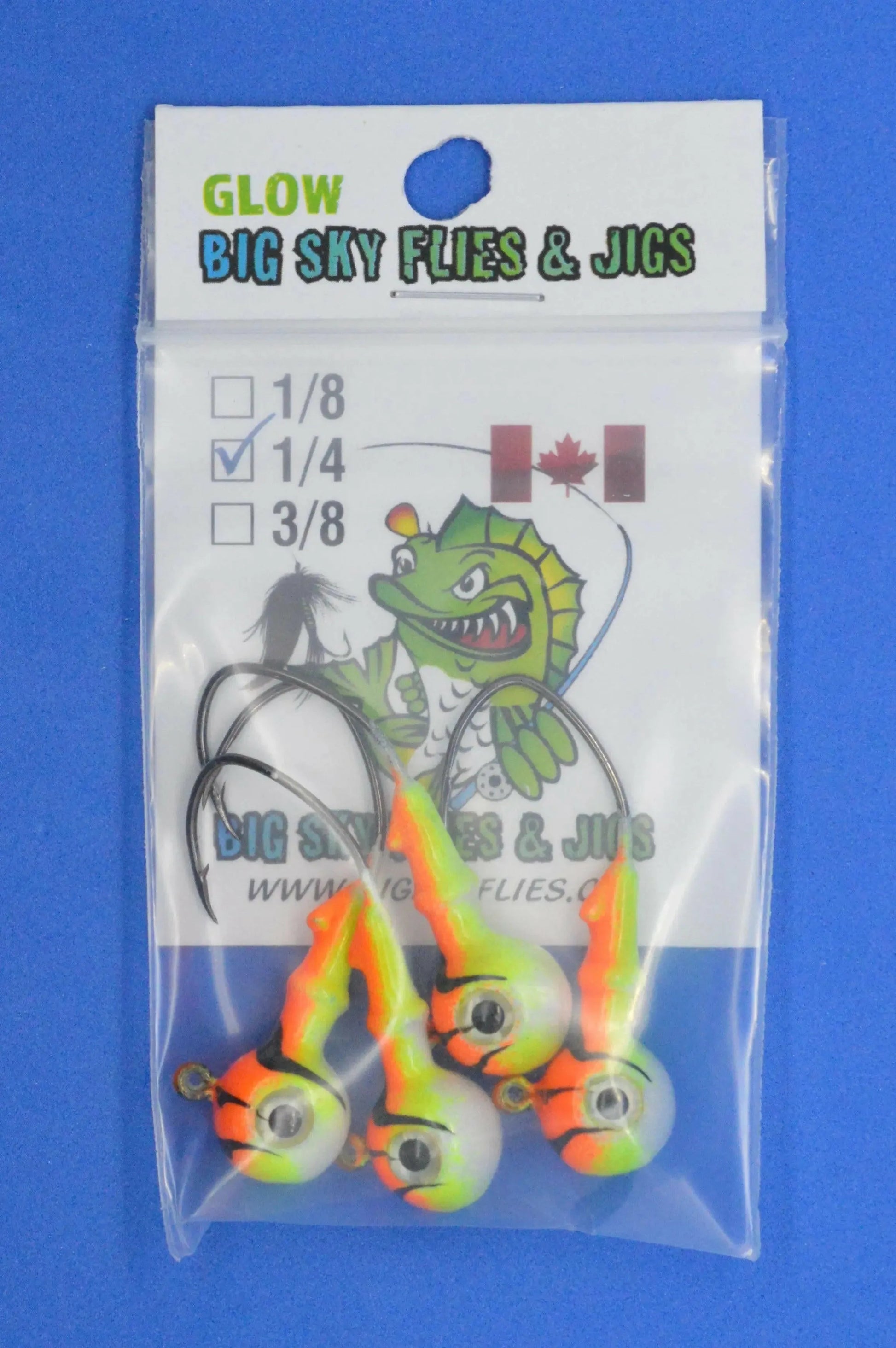 Big Sky Mean Machine 1/4oz Glow Jig Heads 4/pack Orange Top. Lemon Mid. White Bottom.