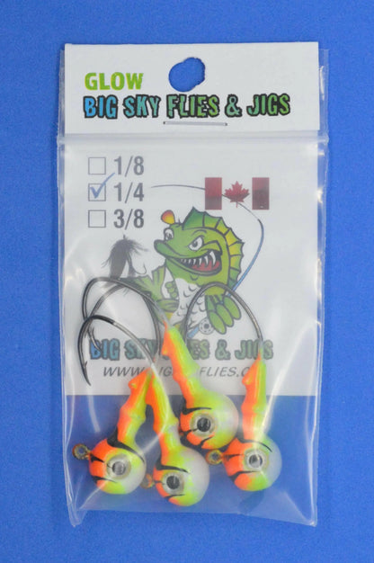 Big Sky Mean Machine 1/4oz Glow Jig Heads 4/pack Orange Top. Lemon Mid. White Bottom.