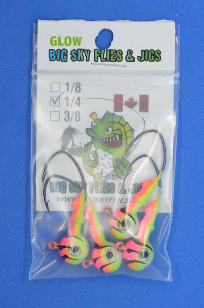 Big Sky Mean Machine 1/4oz Glow Jig Heads 4/pack Pink Top. Lemon Mid. White Bottom