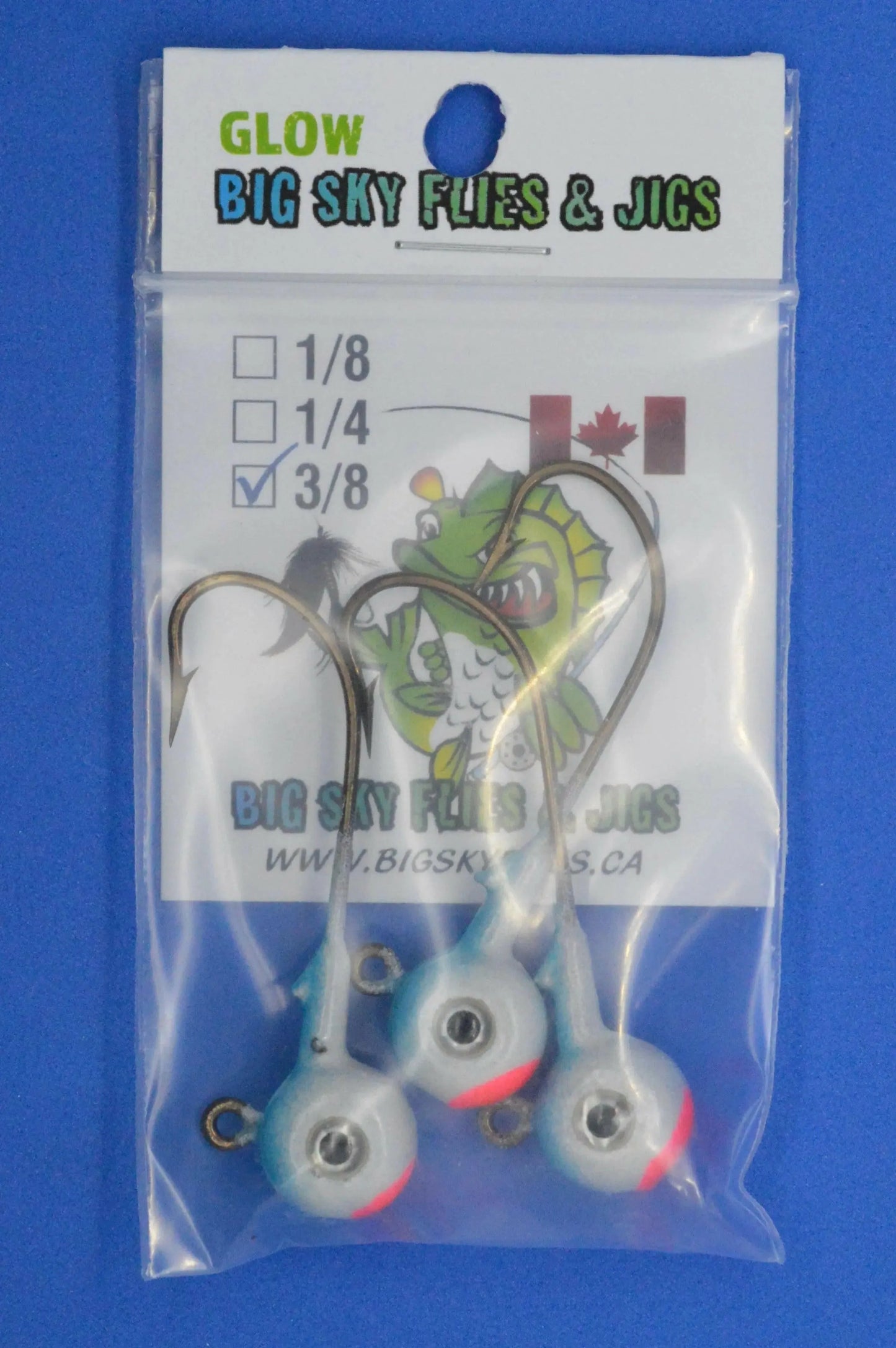 Big Sky Titan 3/8oz Heavy Duty Jig Heads Glow 3/pack Blue Splash Glow