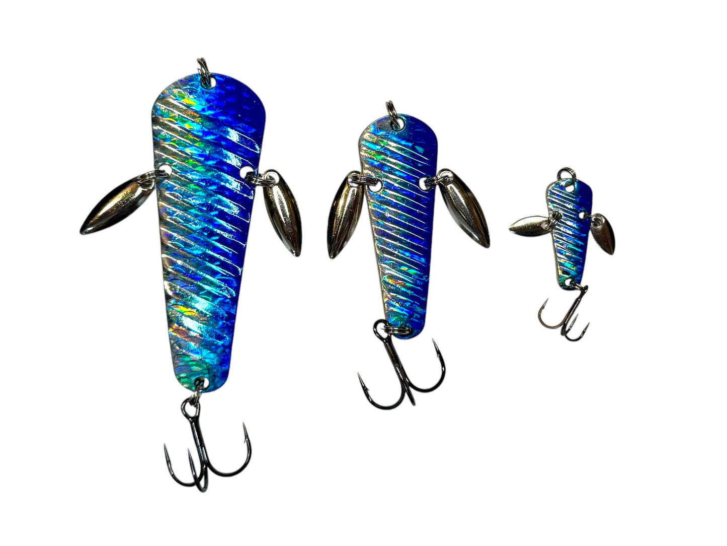 Three blue and silver fishing lures on a white background