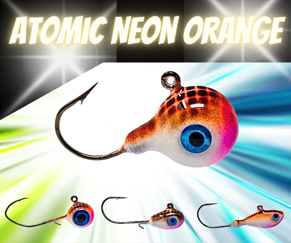 Fishing lure with 'Atomic Neon Orange' text on a colorful background