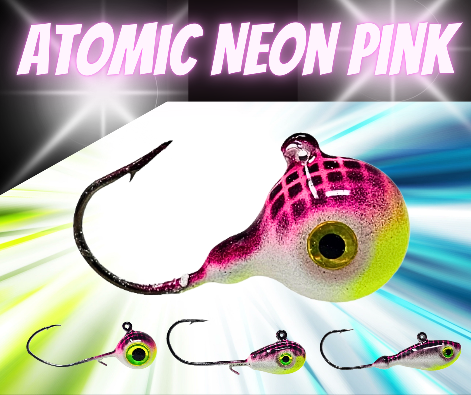 Neon pink and yellow fishing lure with 'Atomic Neon Pink' text on a colorful background