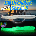 HCL Frostbite Laker Chaser Tube Jig white on colourful background, with glowing version beneath it on black background