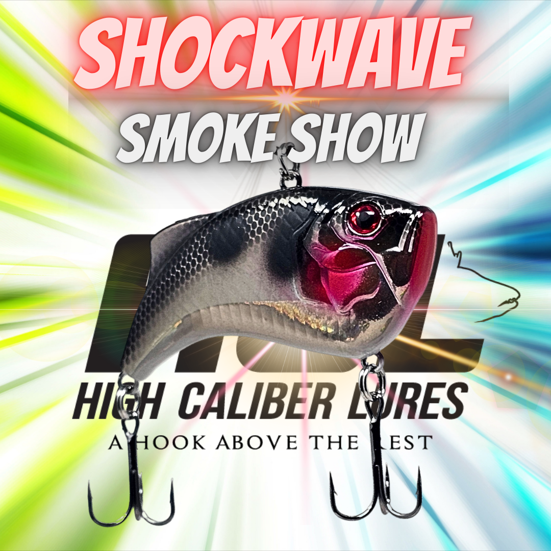 Lipless crankbait with 'Shockwave Smoke Show' and 'High Caliber Lures' text on a colorful background