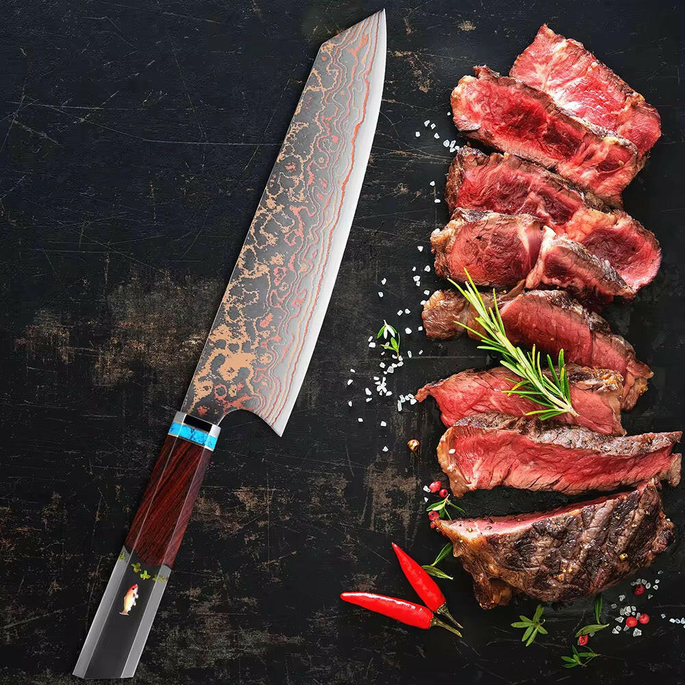 Chef's knife next to sliced beef on a dark surface with spices