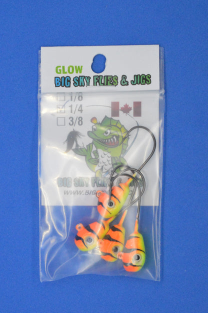 Big Sky Deluxe KnockOut 1/4oz Glow Jigs 4/pack Yellow/Orange w/Black Lines