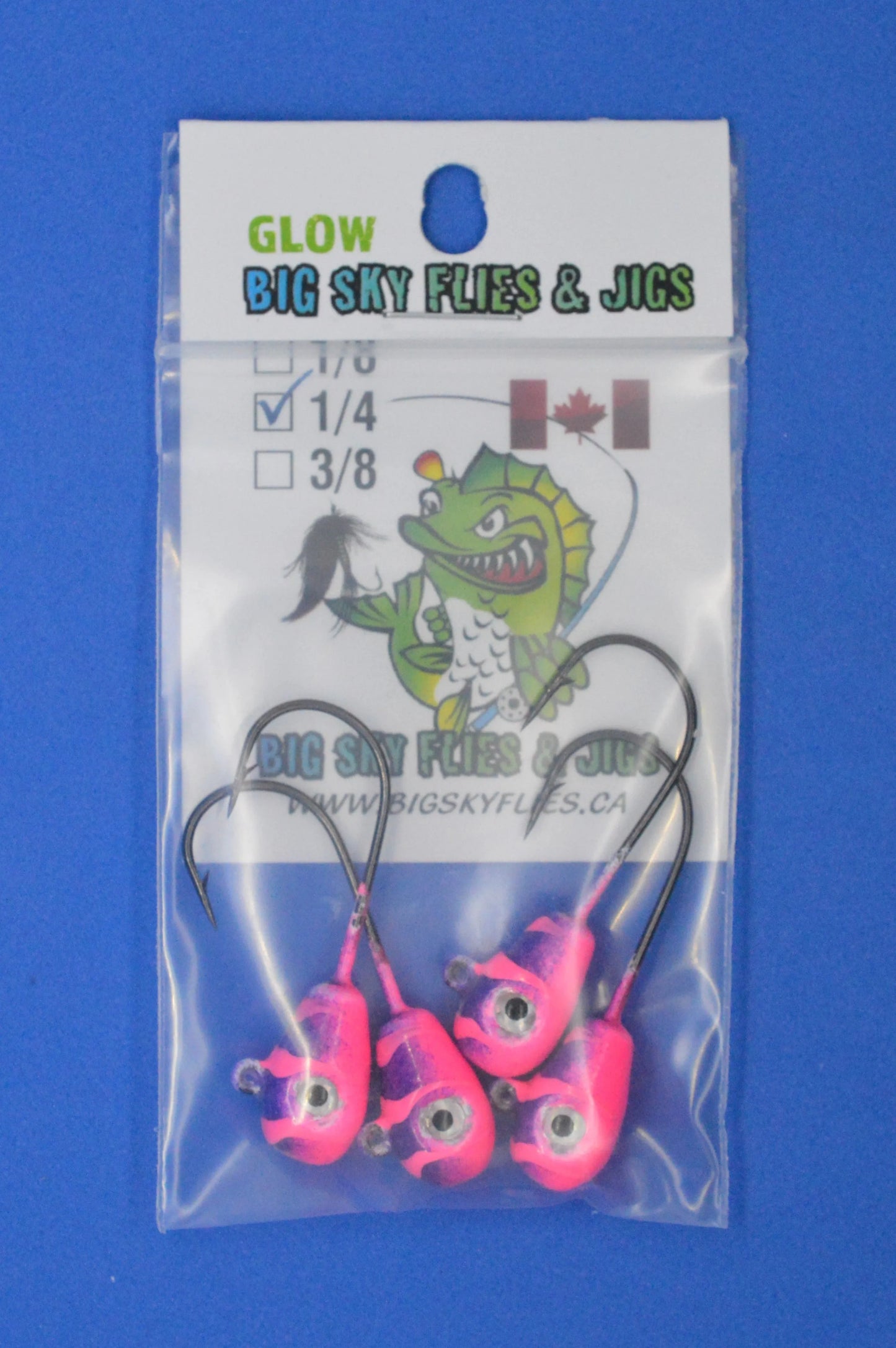 Big Sky Deluxe KnockOut 1/4oz Glow Jigs 4/pack Pink /Purple w/Pink Lines