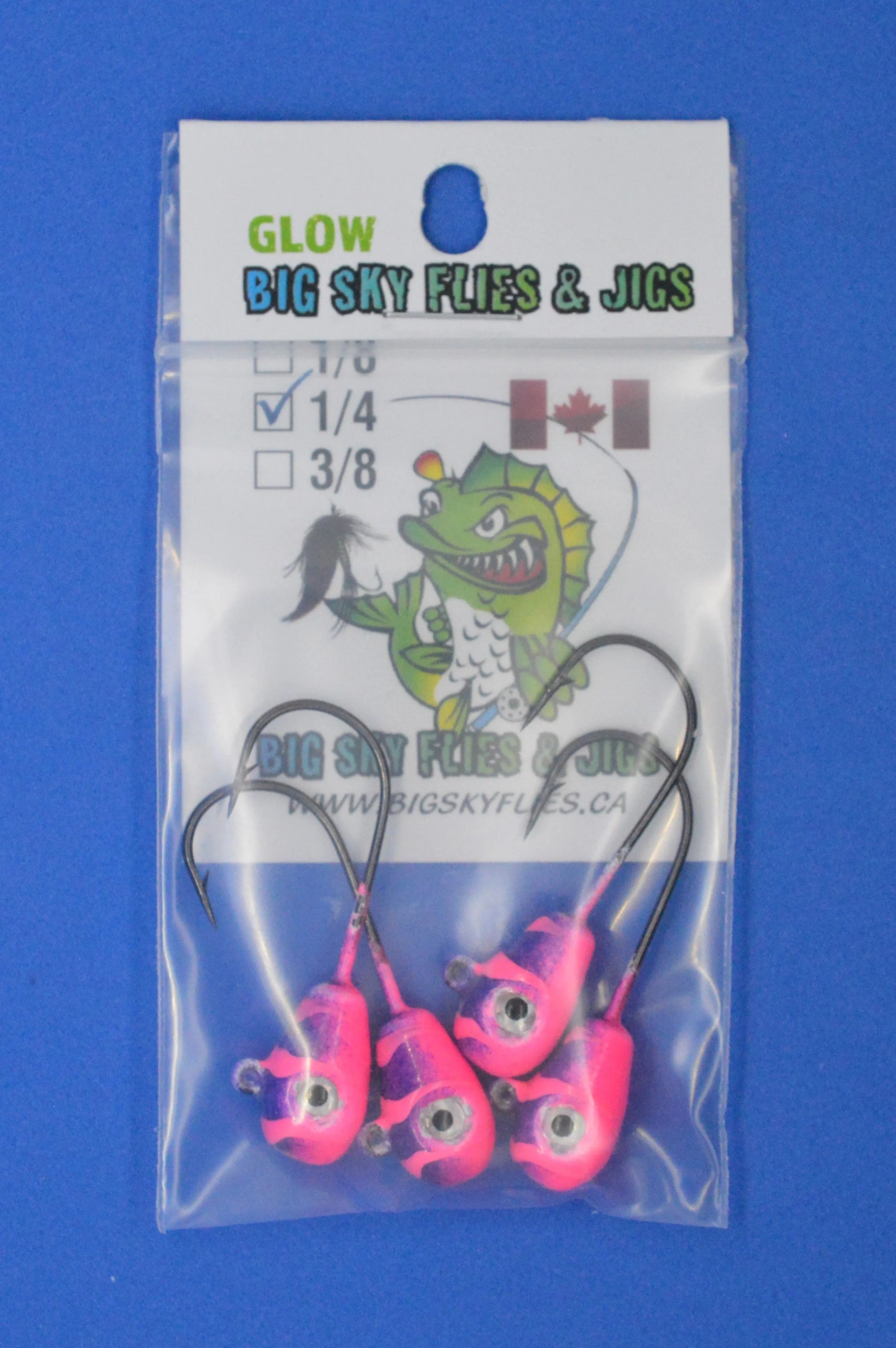 Big Sky Deluxe KnockOut 1/4oz Glow Jigs 4/pack Pink /Purple w/Pink Lines