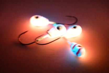 Big Sky Deluxe KnockOut 1/4oz Glow Jigs 4/pack Pink /Purple w/Pink Lines