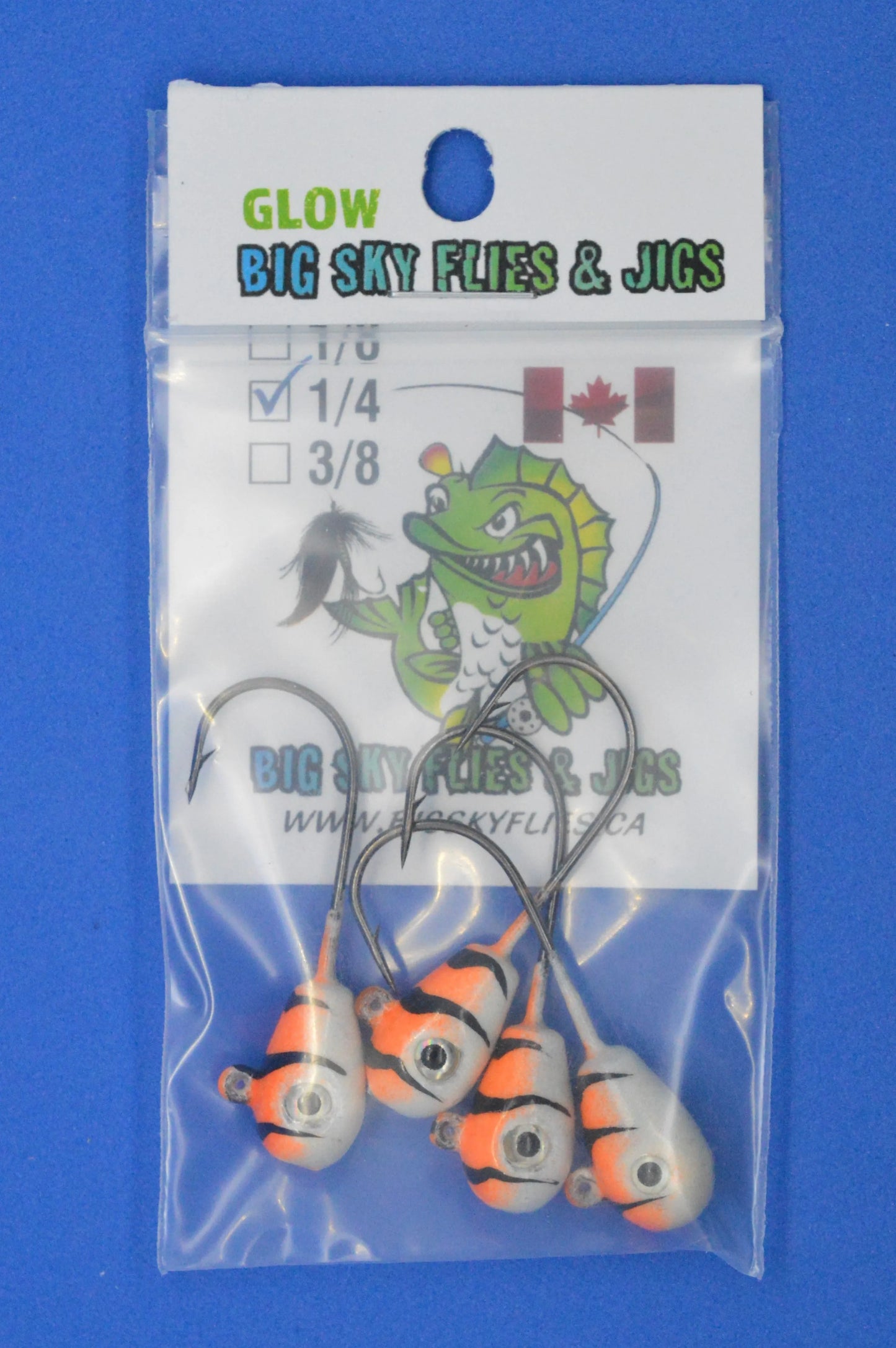 Big Sky Deluxe KnockOut 1/4oz Glow Jigs 4/pack White/Orange Splash
