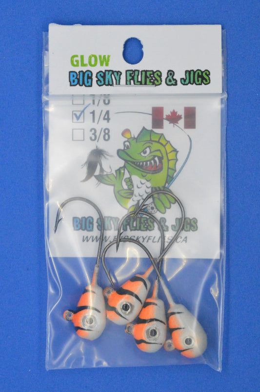 Big Sky Deluxe KnockOut 1/4oz Glow Jigs 4/pack White/Orange Splash