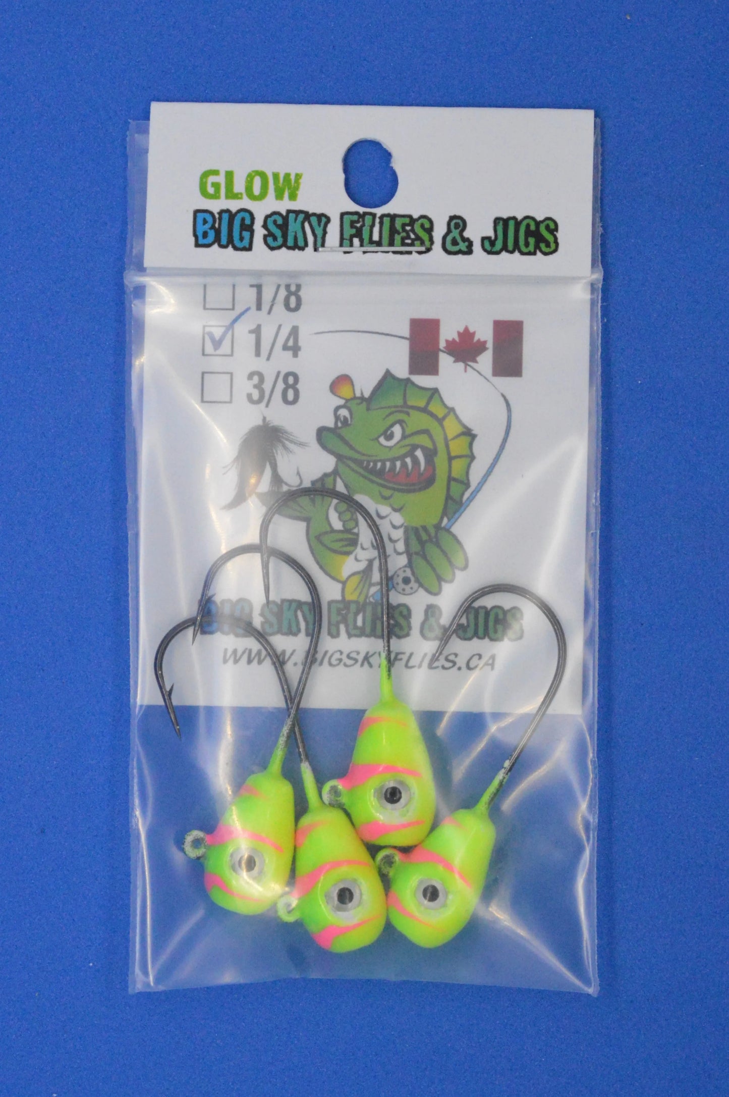 Big Sky Deluxe KnockOut 1/4oz Glow Jigs 4/pack Yellow/Blue Splash w/Orange Lines