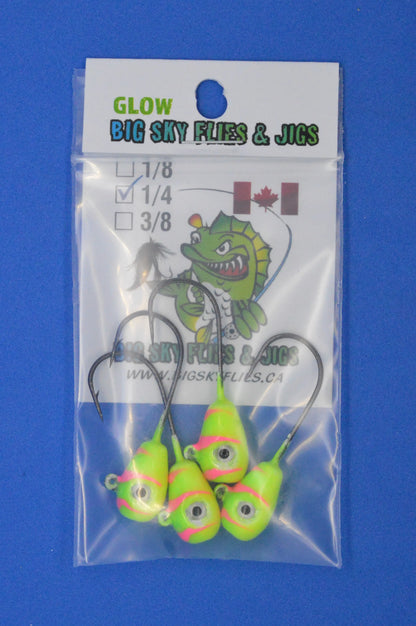 Big Sky Deluxe KnockOut 1/4oz Glow Jigs 4/pack Yellow/Blue Splash w/Orange Lines