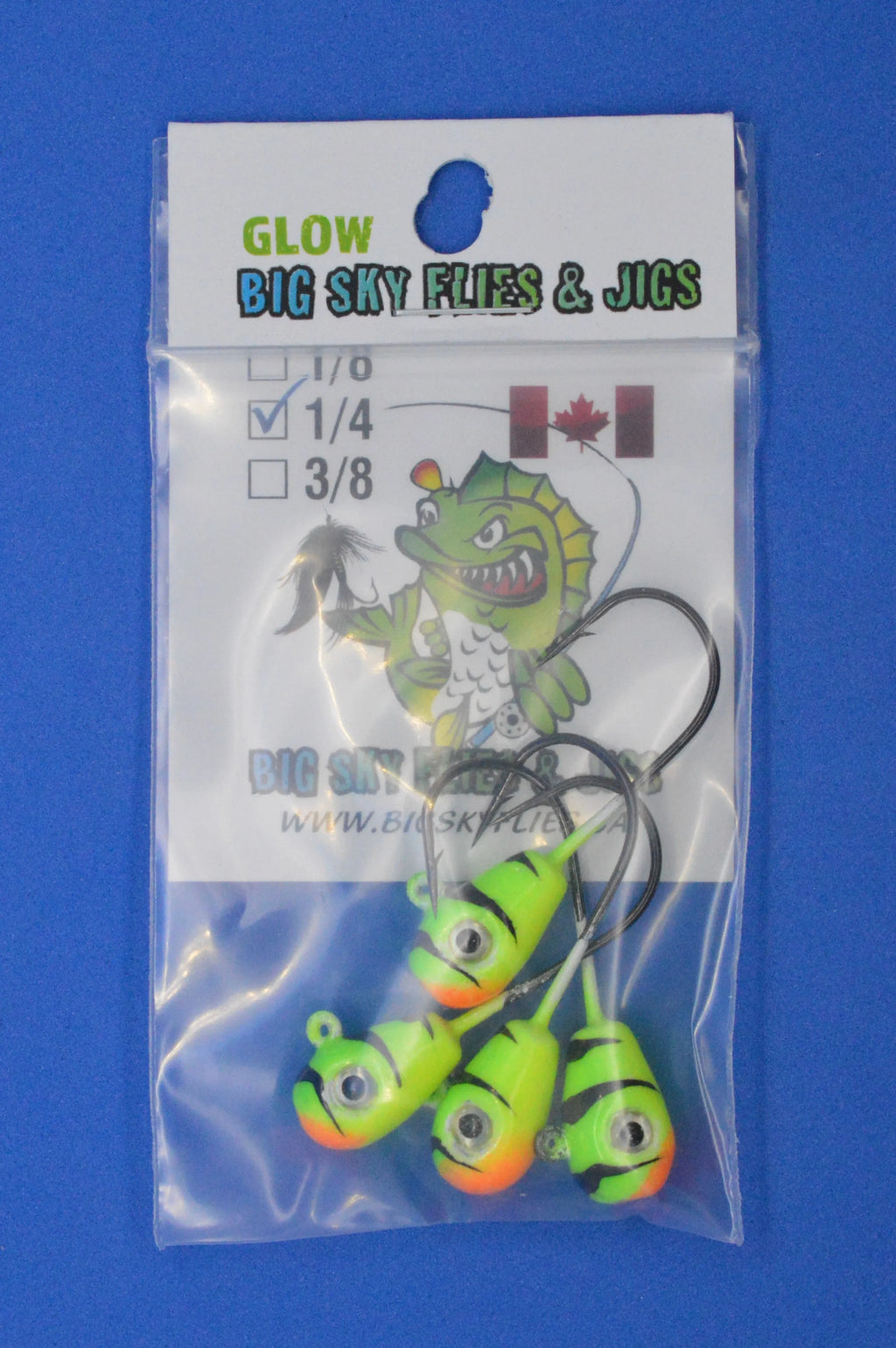 Big Sky Deluxe KnockOut 1/4oz Glow Jigs 4/pack Perch w/Black Lines and Orange Mouth