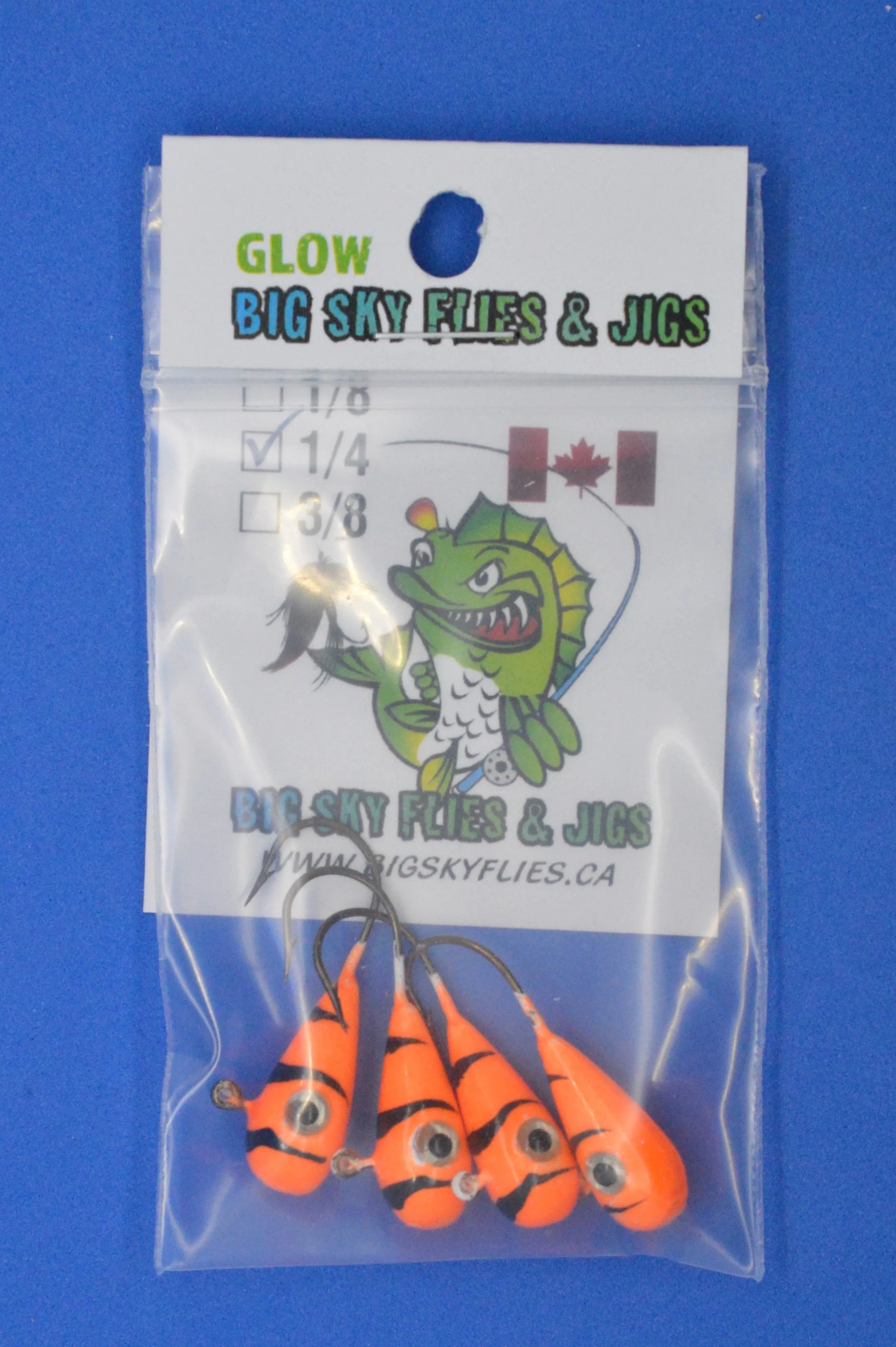 Big Sky Kalidascope 1/4oz Glow Jigs 4/pack Orange w/Black Lines