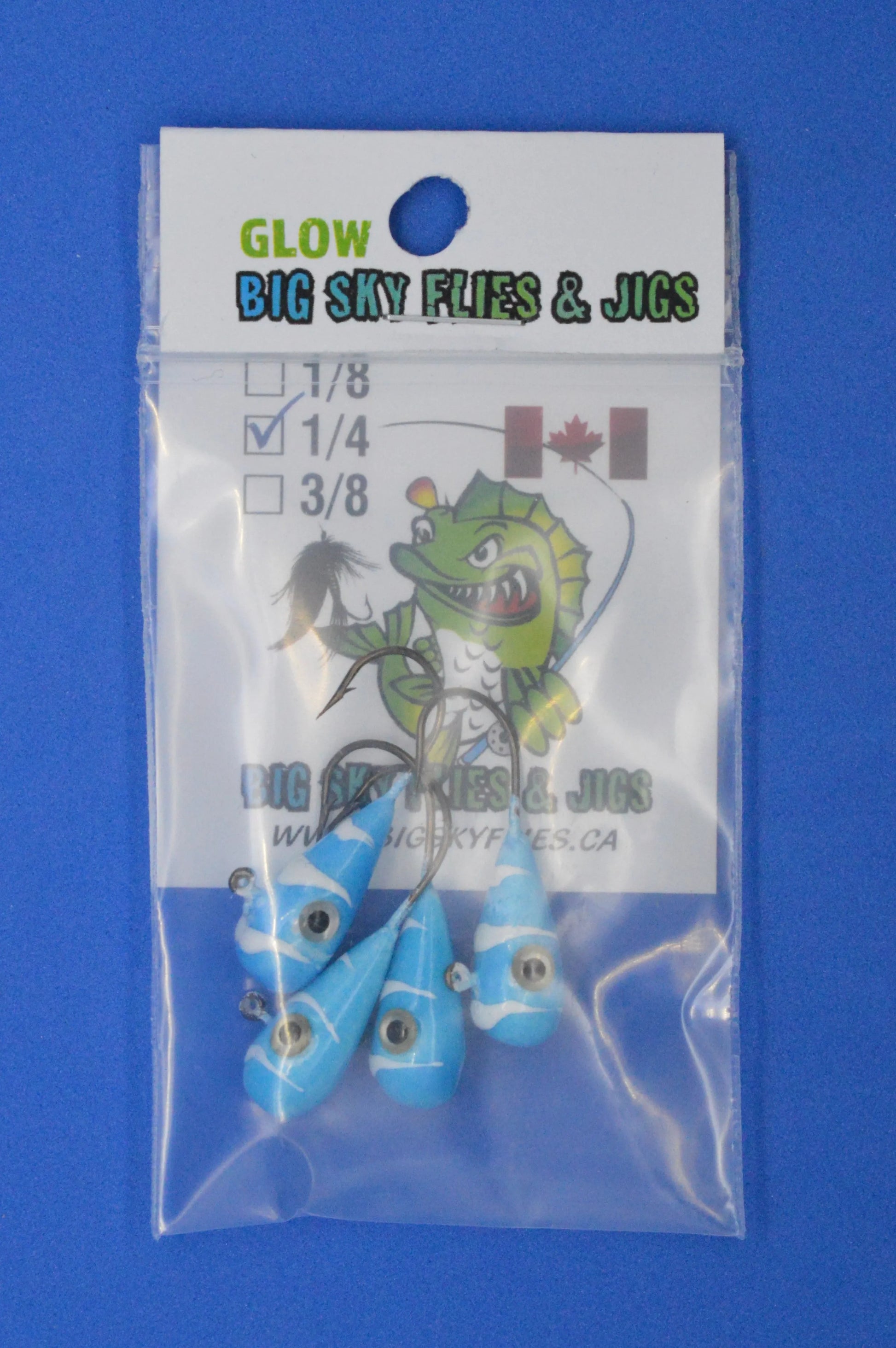 Big Sky Kalidascope 1/4oz Glow Jigs 4/pack Blue w/White Lines