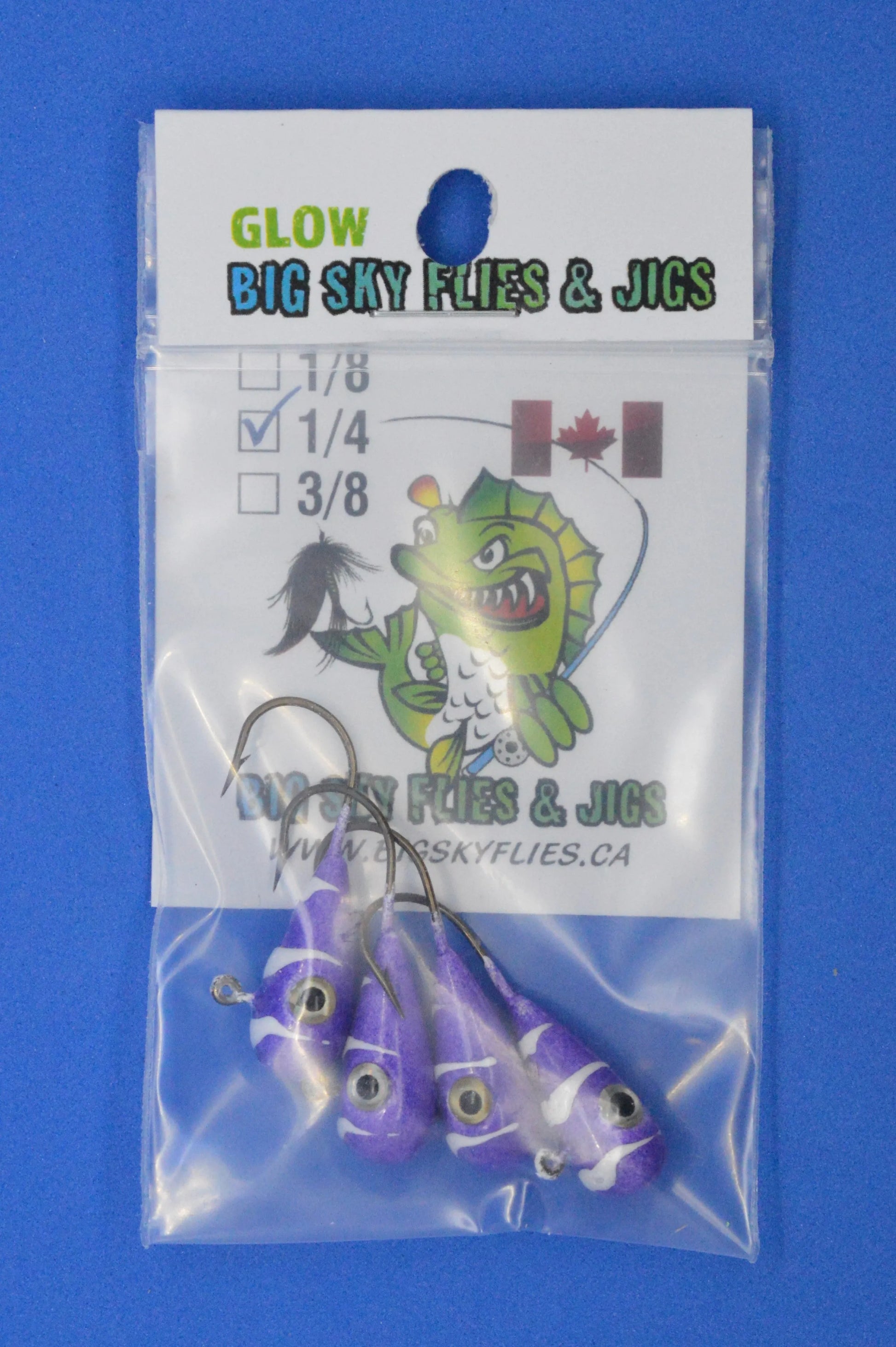 Big Sky Kalidascope 1/4oz Glow Jigs 4/pack Purple w/White Lines