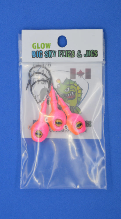 Big Sky Snake Eye 1/4oz Glow Jigs 3/pack Orange top/Pink Bottom