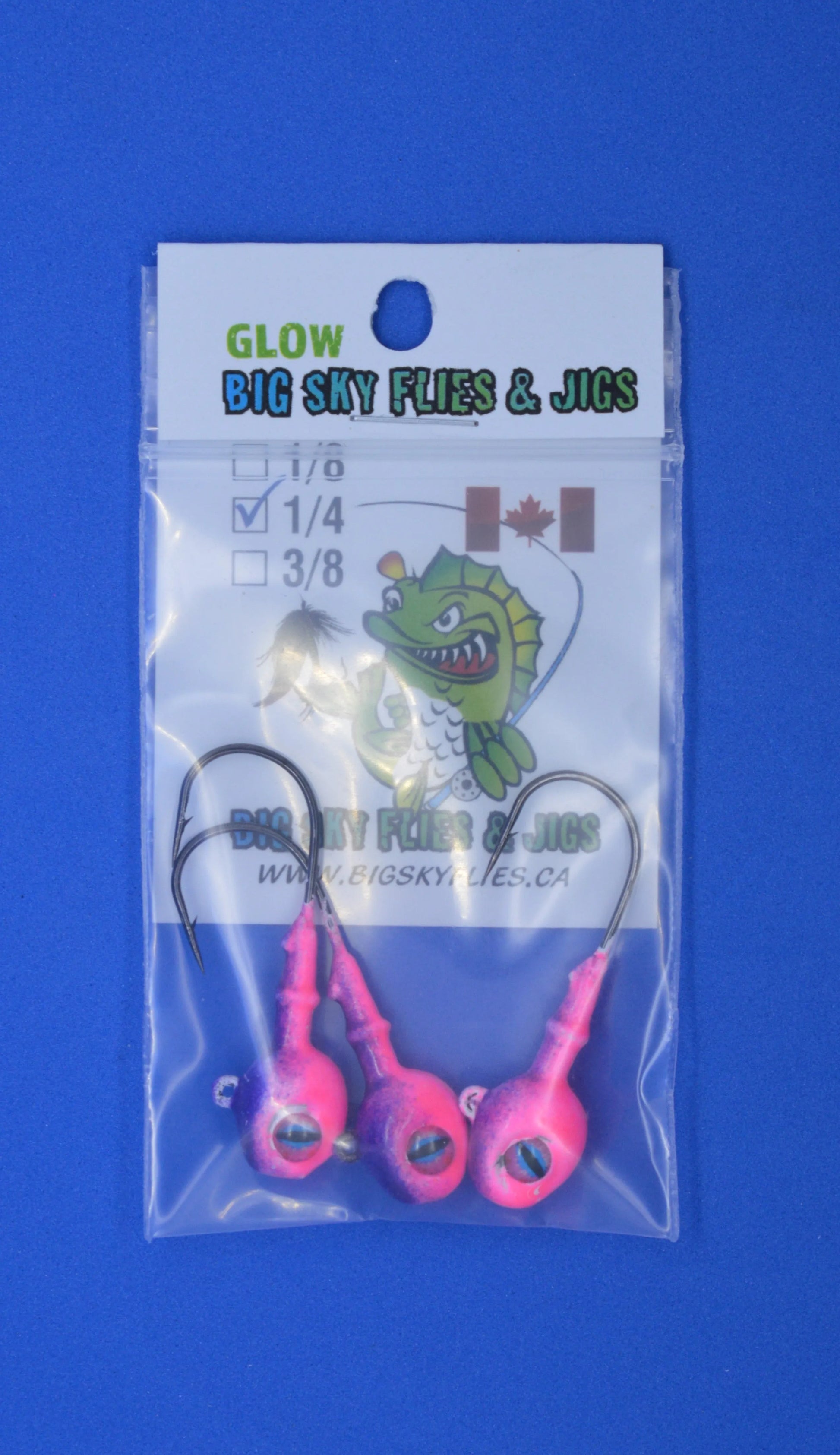 Big Sky Snake Eye 1/4oz Glow Jigs 3/pack Purple Top/Pink Bottom