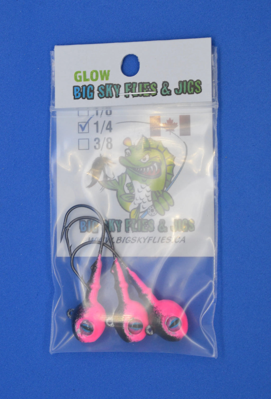 Big Sky Snake Eye 1/4oz Glow Jigs 3/pack Black Top/Pink Bottom