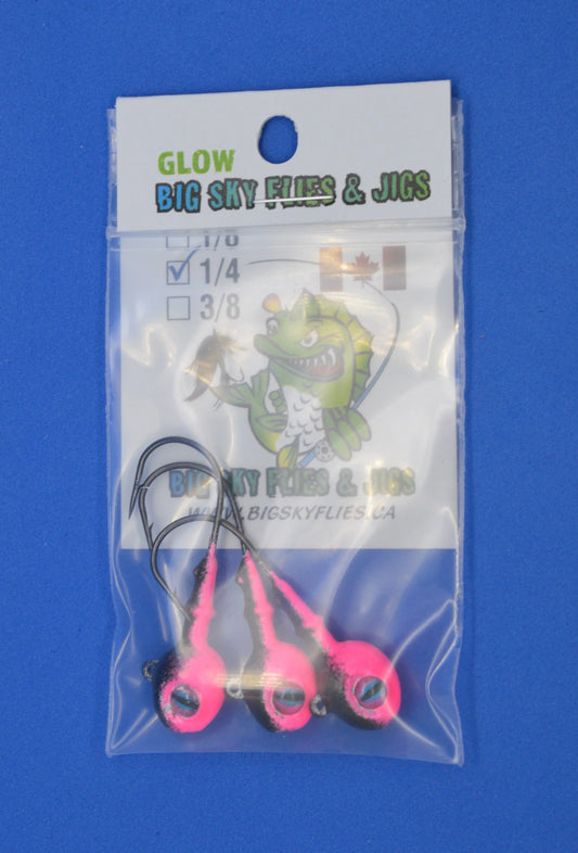 Big Sky Snake Eye 1/4oz Glow Jigs 3/pack Black Top/Pink Bottom