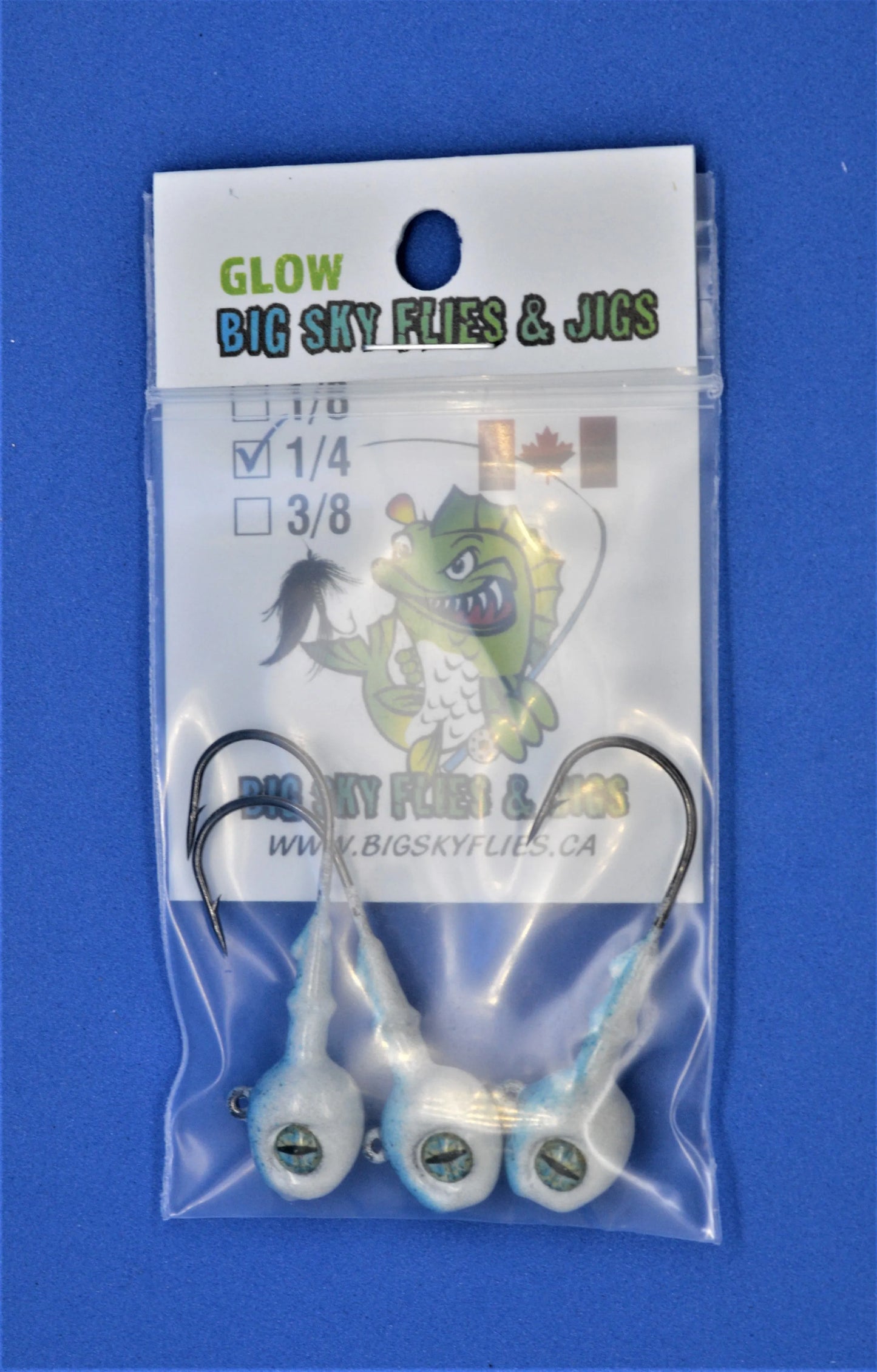 Big Sky Snake Eye 1/4oz Glow Jigs 3/pack Blue Sparkle Top/White Bottom