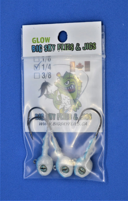 Big Sky Snake Eye 1/4oz Glow Jigs 3/pack Blue Sparkle Top/White Bottom
