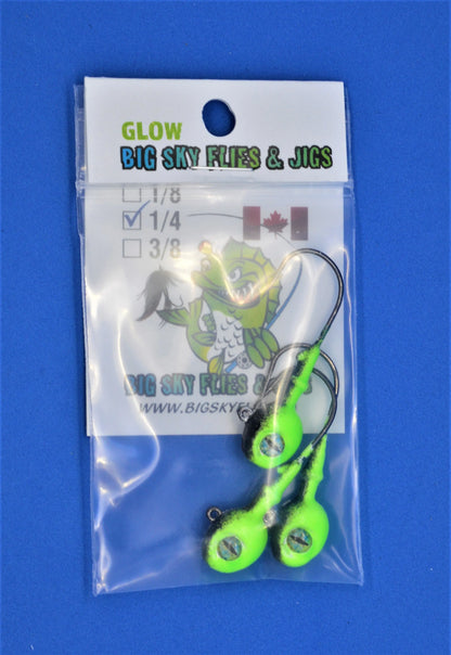 Big Sky Snake Eye 1/4oz Glow Jigs 3/pack 1/4oz Black Top/Lime Bottom