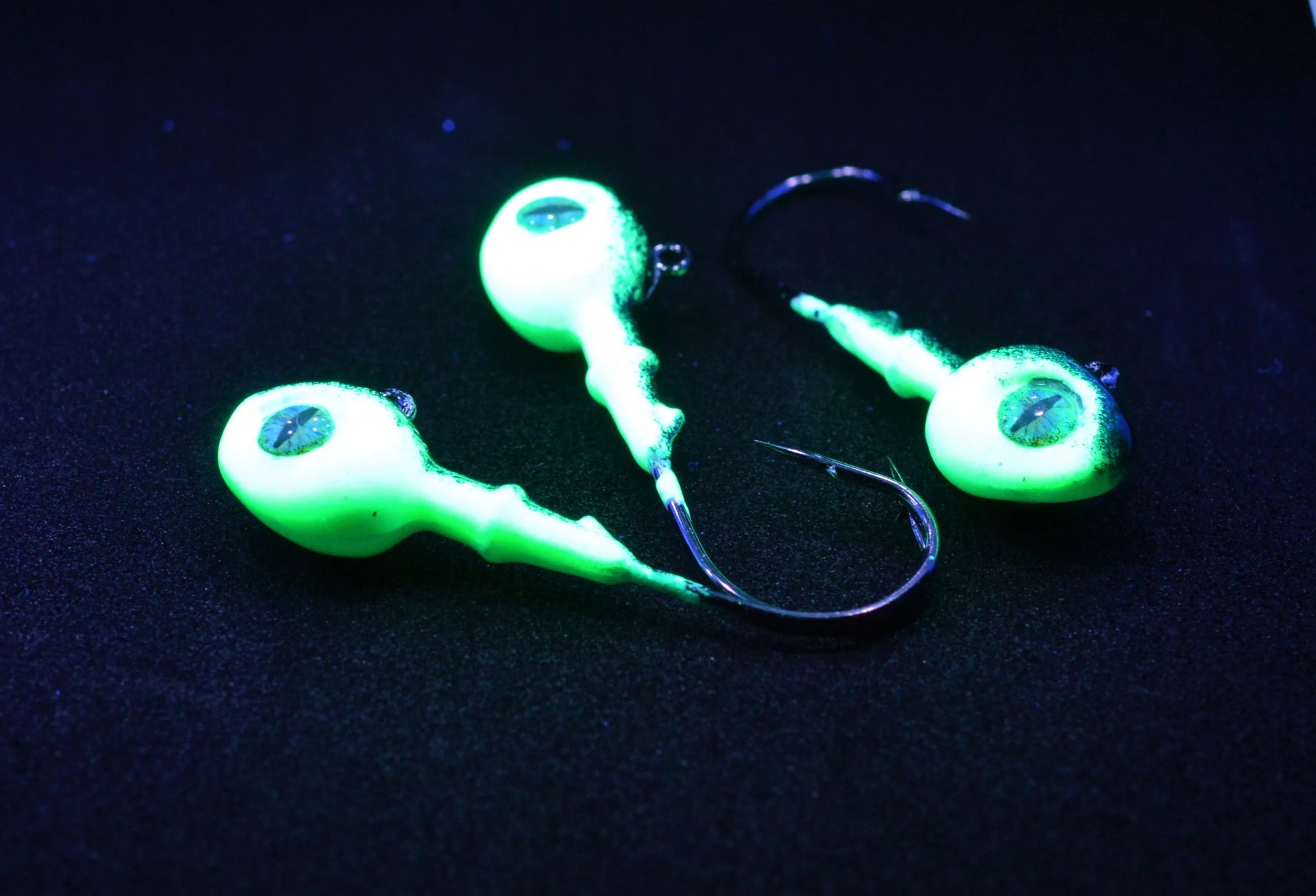 Big Sky Snake Eye 1/4oz Glow Jigs 3/pack Black Top/Lime Bottom