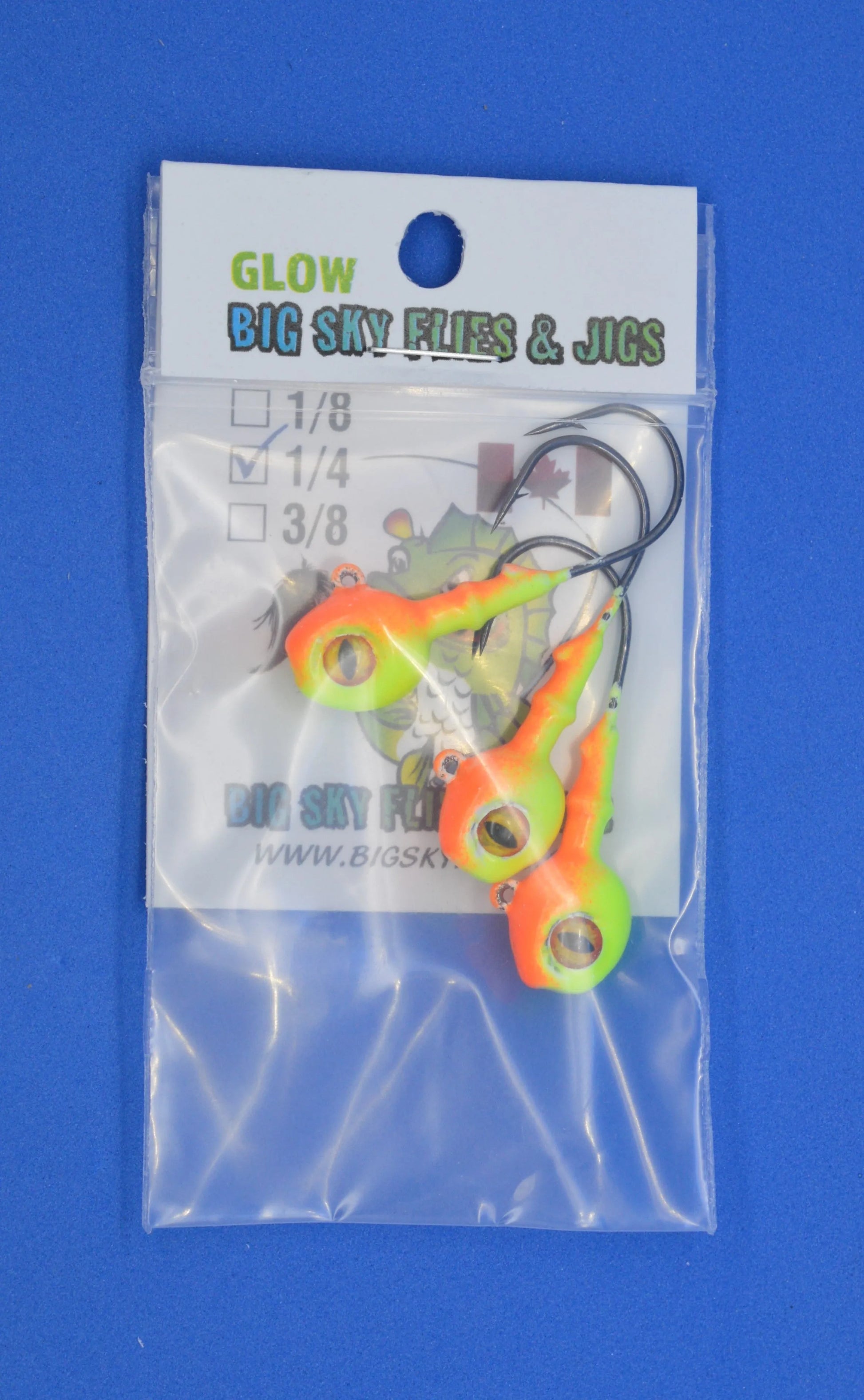 Big Sky Snake Eye 1/4oz Glow Jigs 3/pack Orange Top/Lemon Bottom
