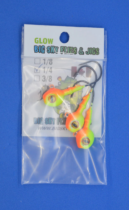 Big Sky Snake Eye 1/4oz Glow Jigs 3/pack Orange Top/Lemon Bottom