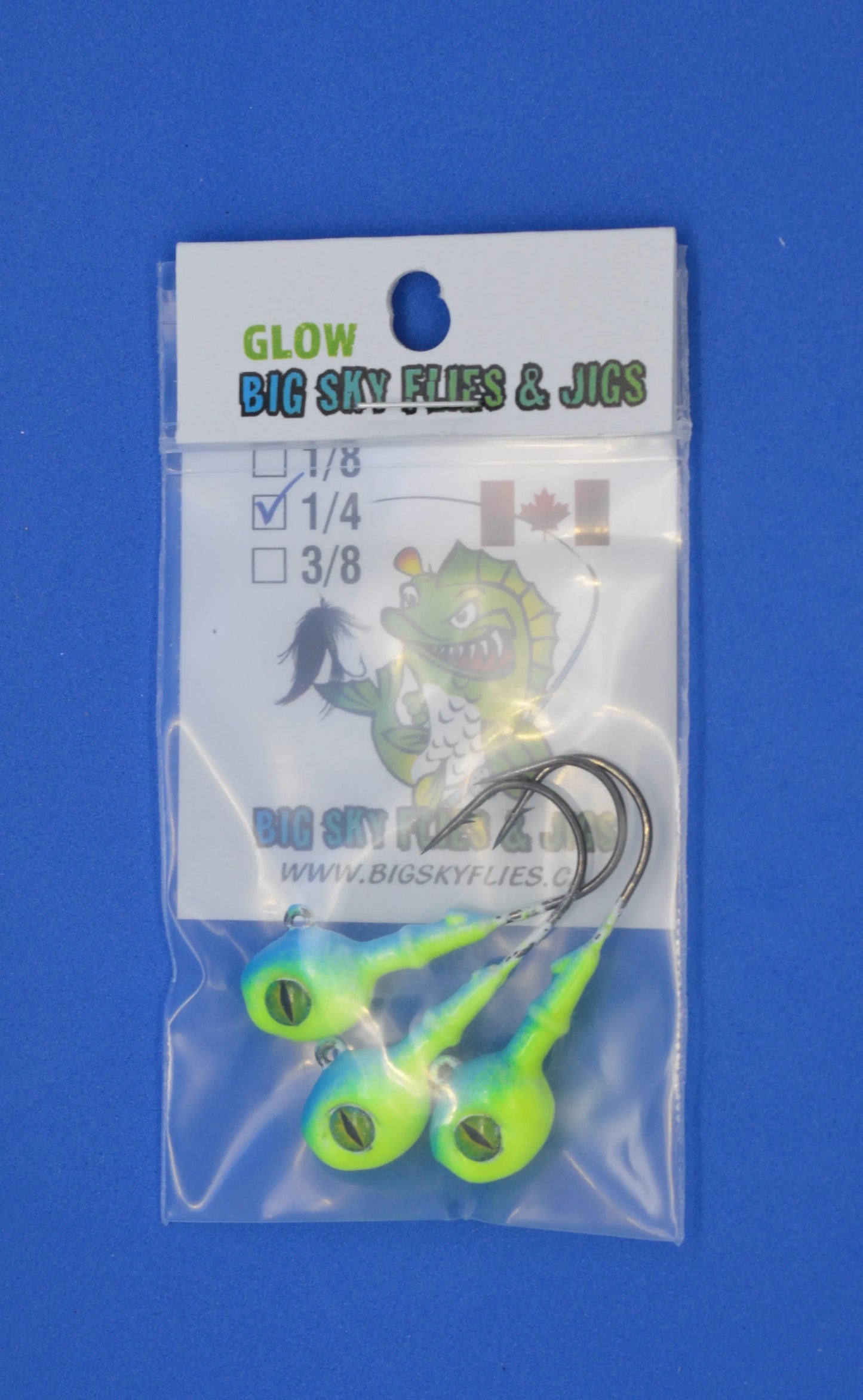 Big Sky Snake Eye 1/4oz Glow Jigs 3/pack Blue Top/Lemon Bottom